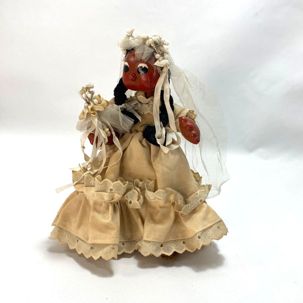 Mexican Oilcloth Leather Wedding Bride Doll 10" Hand Painted Muslin Dress Veil